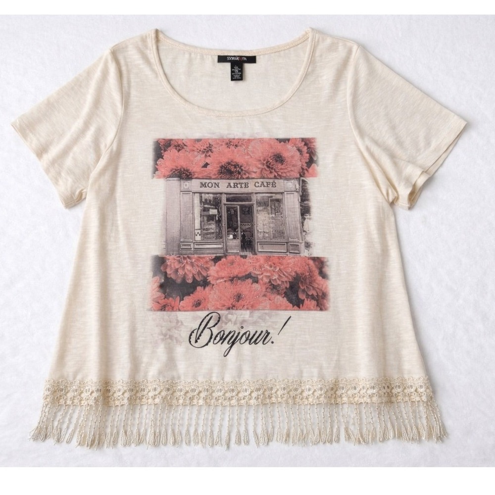 Style & Co Woman Graphic Tee 2X Cream Bonjour Paris Lace Fringe Hem Top Boho‎